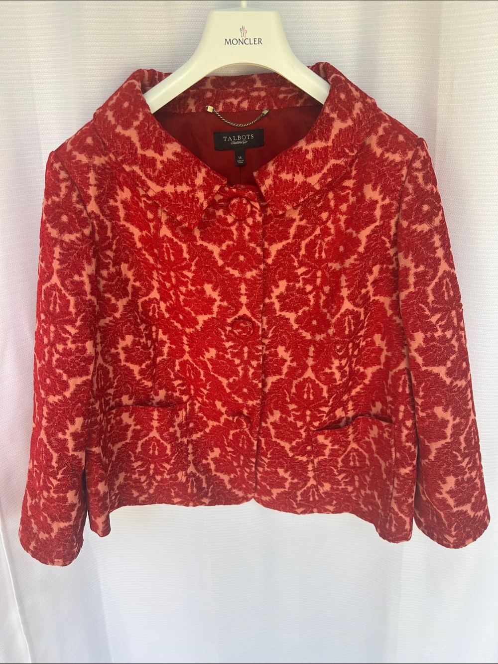 Talbots - Red & Peach, Jacquard Floral Cropped Blazer